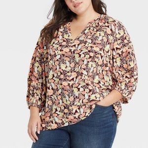 Ava & Viv Women’s Plus Size 3/4 Sleeve Burgundy Floral Blouse